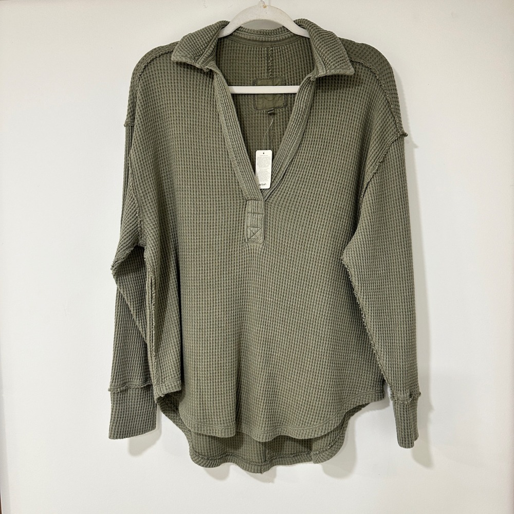 Aerie Waffle Knit Henley Pullover Women Size S Olive Green Raw Edge | Gorpcore